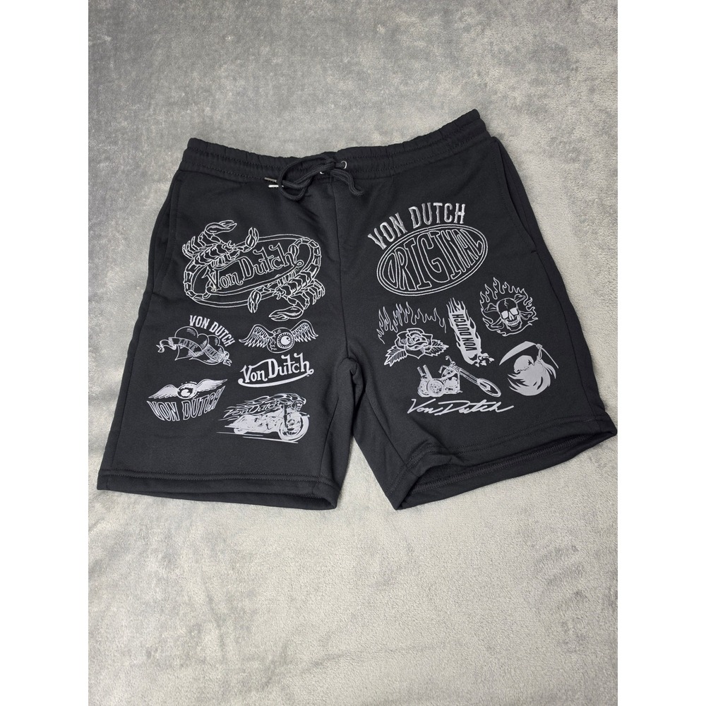 Von Dutch Men Black Graphic Fleece Sweat Shorts All Over Print Y2K Streetwear L